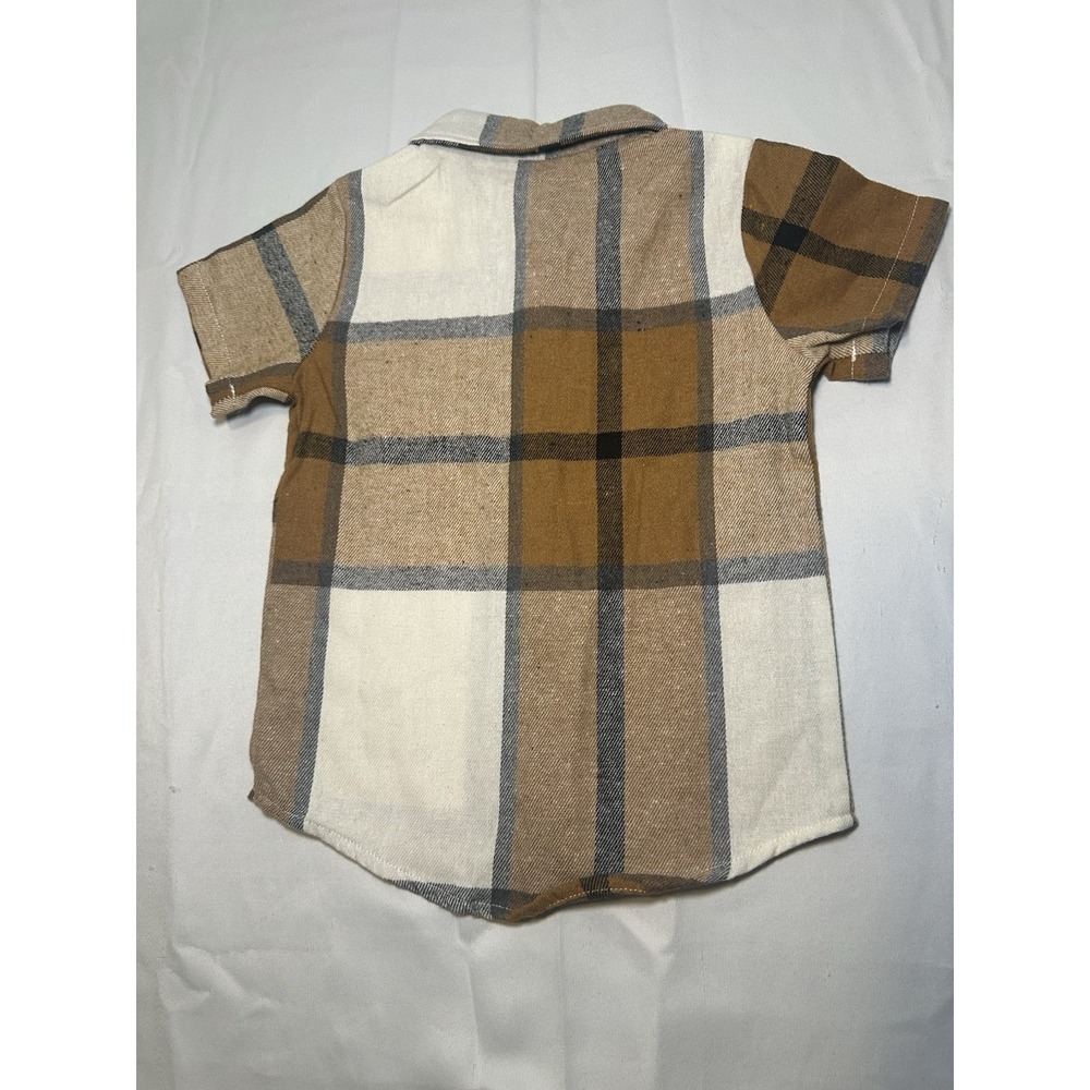 Boys Plaid Button Up Shirt Size 2T Brown Beige Short Sleeve Pocket Casual Trendy - Picture 6 of 7